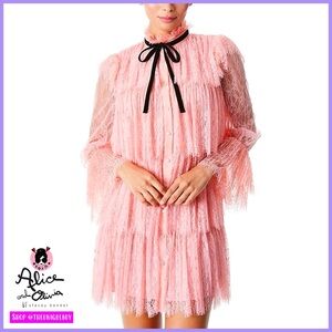 Alice + Olivia Joanie Pink Lace Tiered Ruffle Button Down Mini Dress